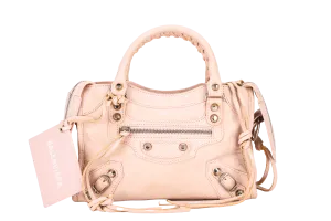 BALENCIAGA SMALL BEIGE LEATHER CITY HANDBAG (300295.5969.U.568024) SILVER HARDWARE WITH STRAP, MIRROR & DUST COVER