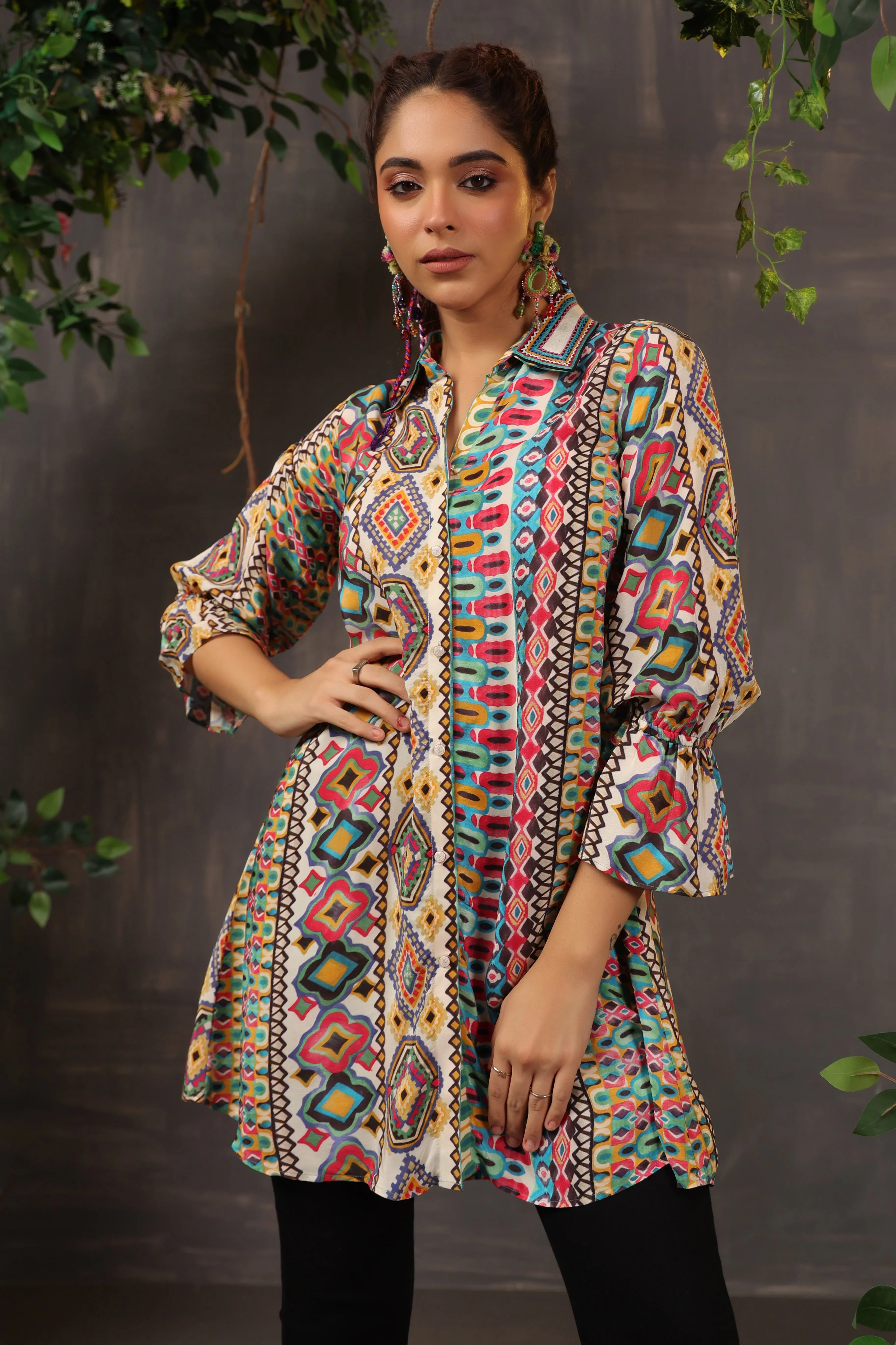 Champagne Ethnic Printed Crepe Silk Shirt