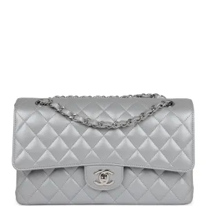 Chanel Medium Classic Double Flap Silver Metallic Lambskin Silver Hardware