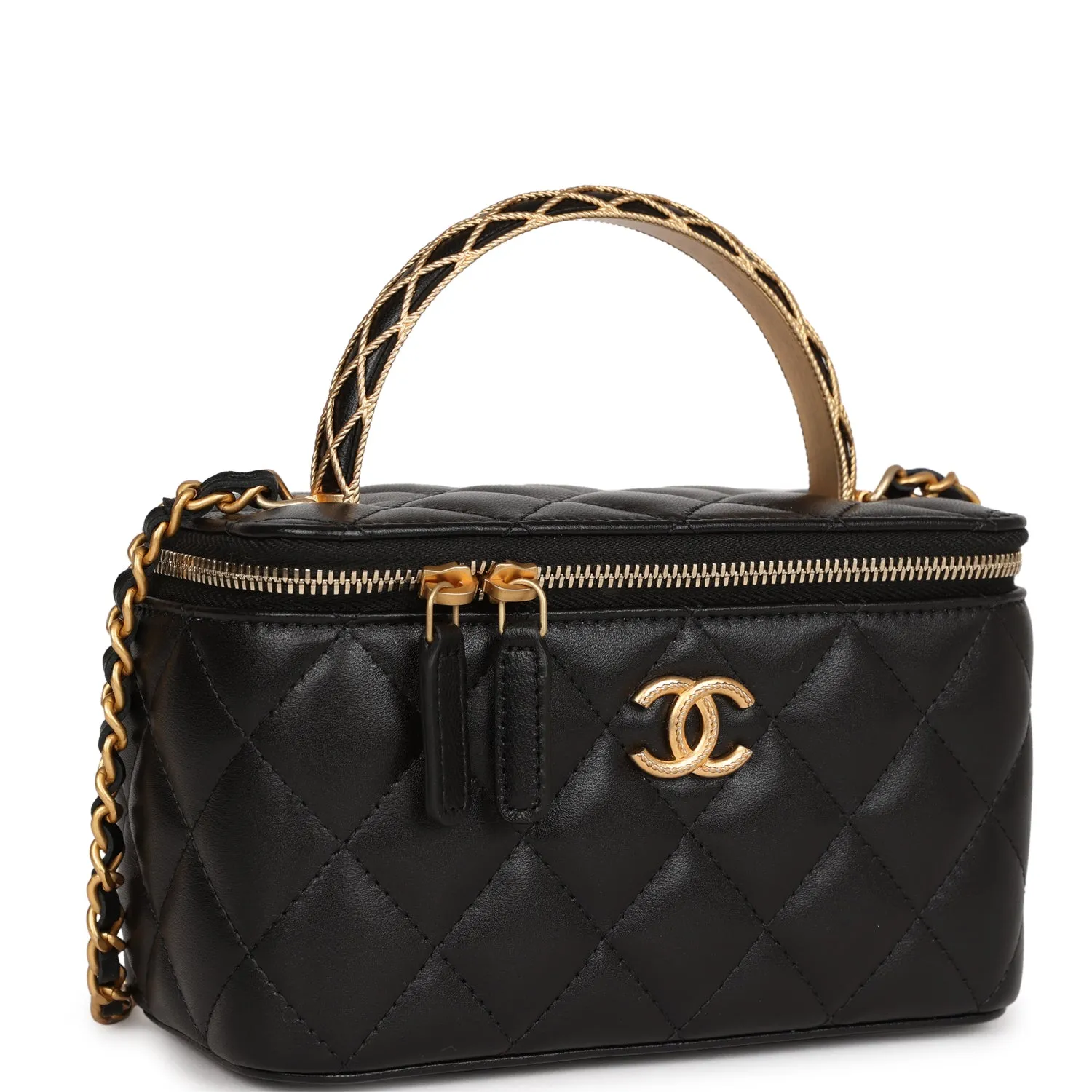 Chanel Mini Vanity Top Handle Case Black Lambskin Brushed Gold Hardware