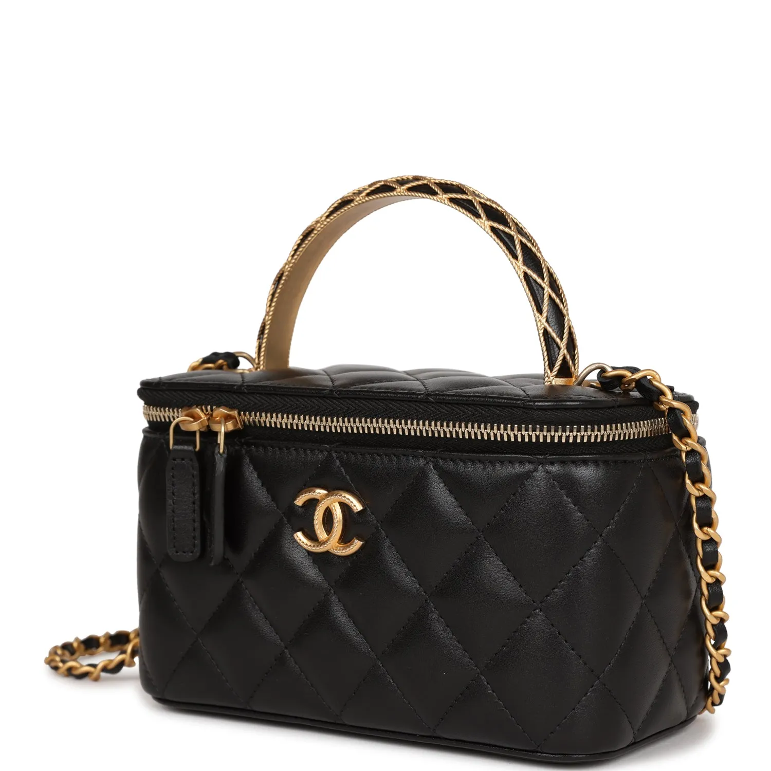 Chanel Mini Vanity Top Handle Case Black Lambskin Brushed Gold Hardware