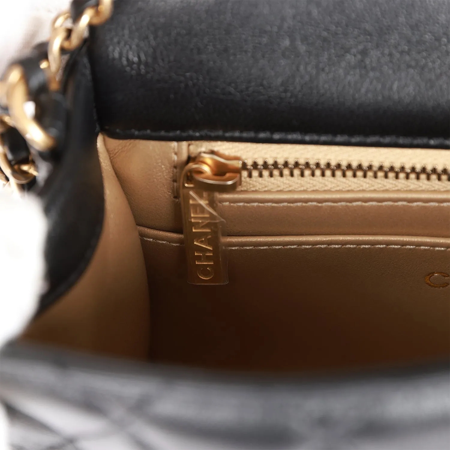 Chanel Pearl Crush Mini Square Flap Bag Black Lambskin Antique Gold Hardware
