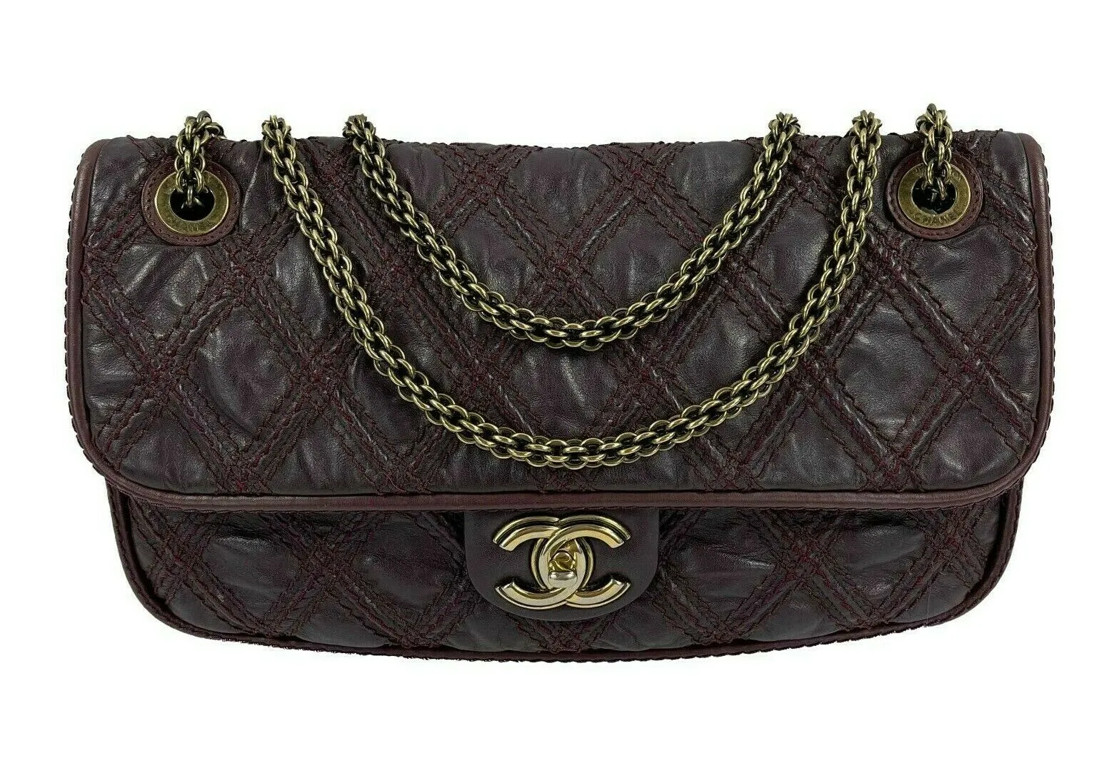 CHANEL - Stitched Leather Burgundy Large Flap CC - Crossbody / Shoulder Bag