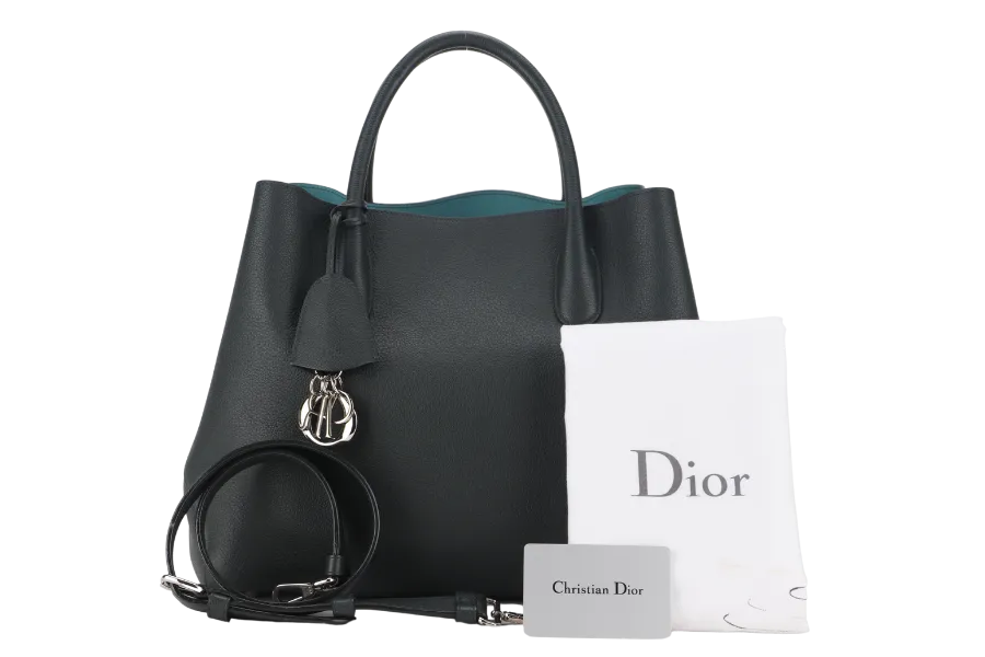 CHRISTIAN DIOR DARK GREEN OPEN BAR TOTE WITH GRAINED CALFSKIN LEATHER AND SILVER HARDWARE WITH CARD, STRAP, DUST COVER