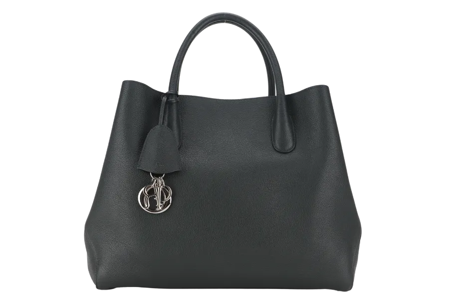 CHRISTIAN DIOR DARK GREEN OPEN BAR TOTE WITH GRAINED CALFSKIN LEATHER AND SILVER HARDWARE WITH CARD, STRAP, DUST COVER