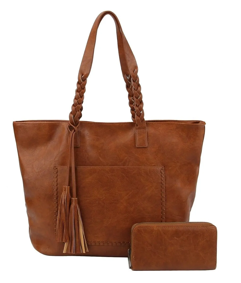 CMS019-1W 2-in-1 Braided Handle with Tassel Tote Bag