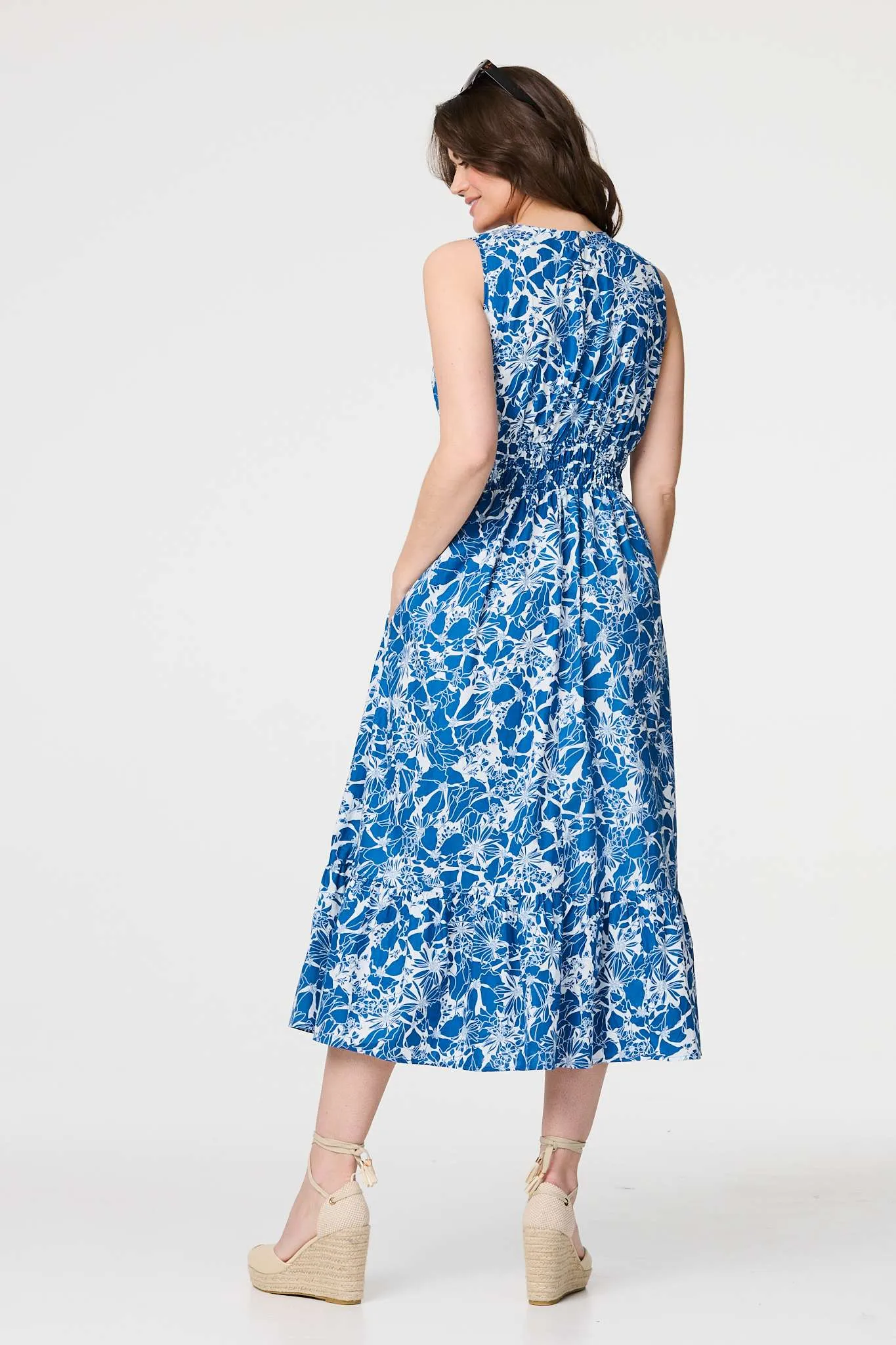 Floral High Neck Shirred Midi Dress