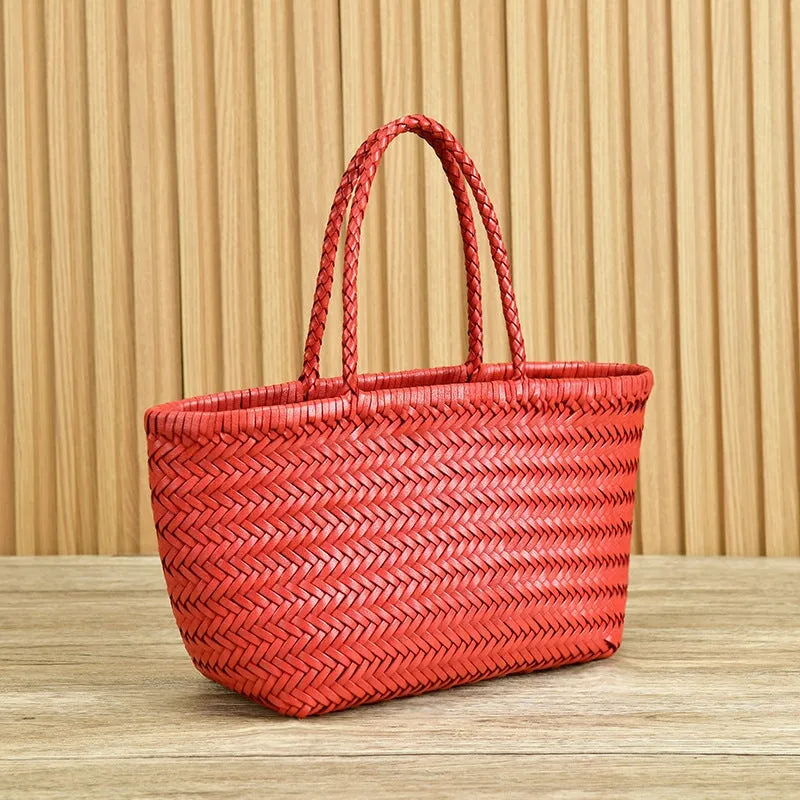 Multicolor Woven Vegetable Basket Bag Head Layer Of Cowhide Hollow Handbag