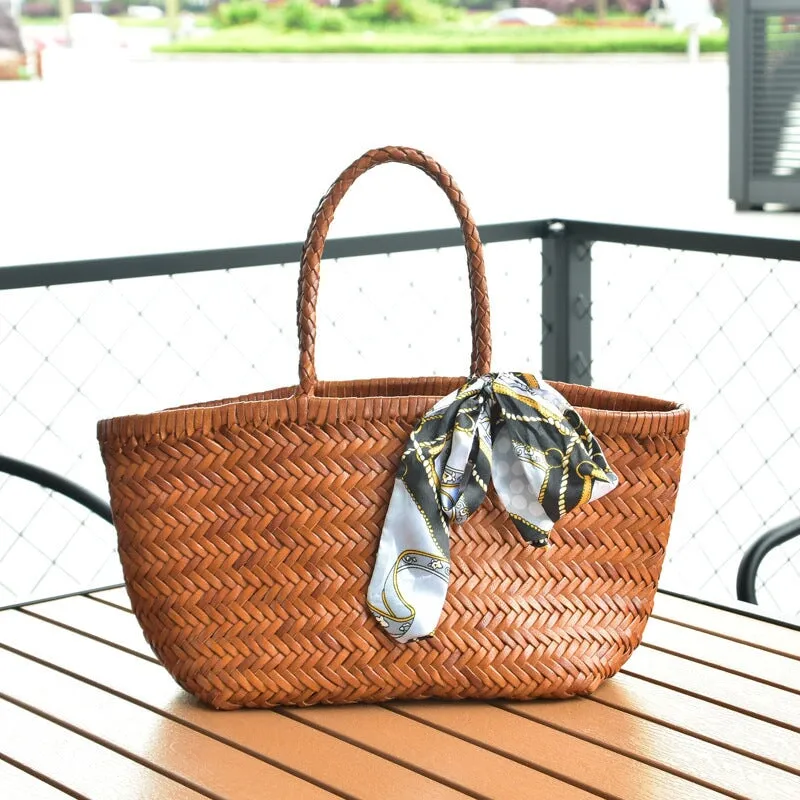 Multicolor Woven Vegetable Basket Bag Head Layer Of Cowhide Hollow Handbag