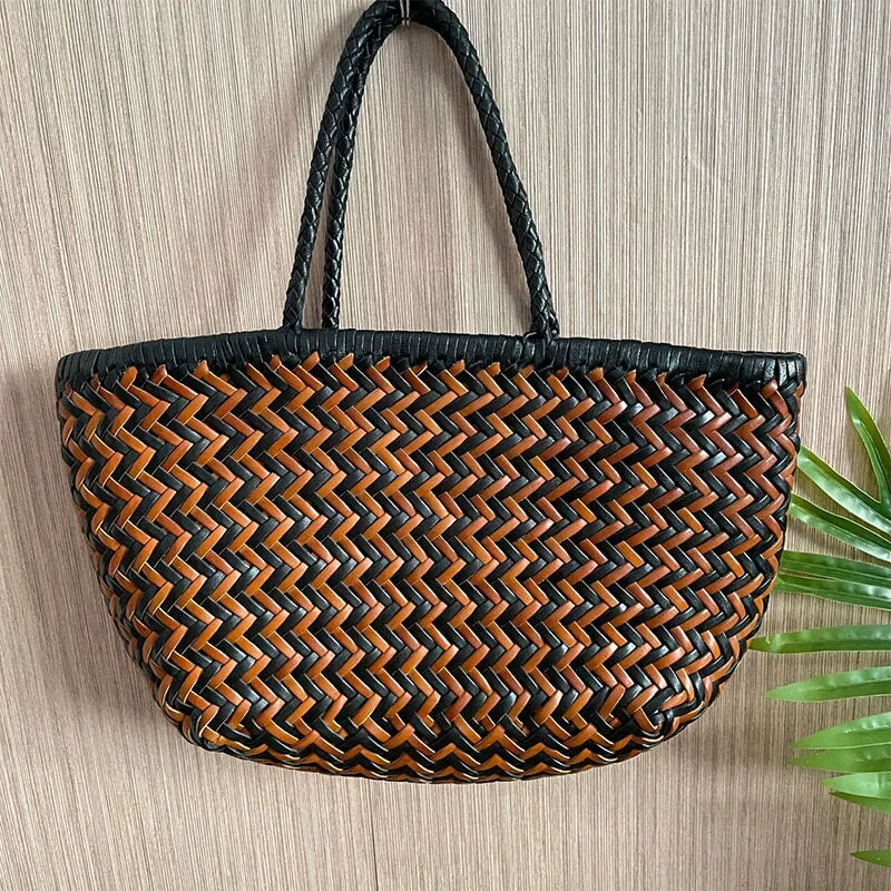 Multicolor Woven Vegetable Basket Bag Head Layer Of Cowhide Hollow Handbag