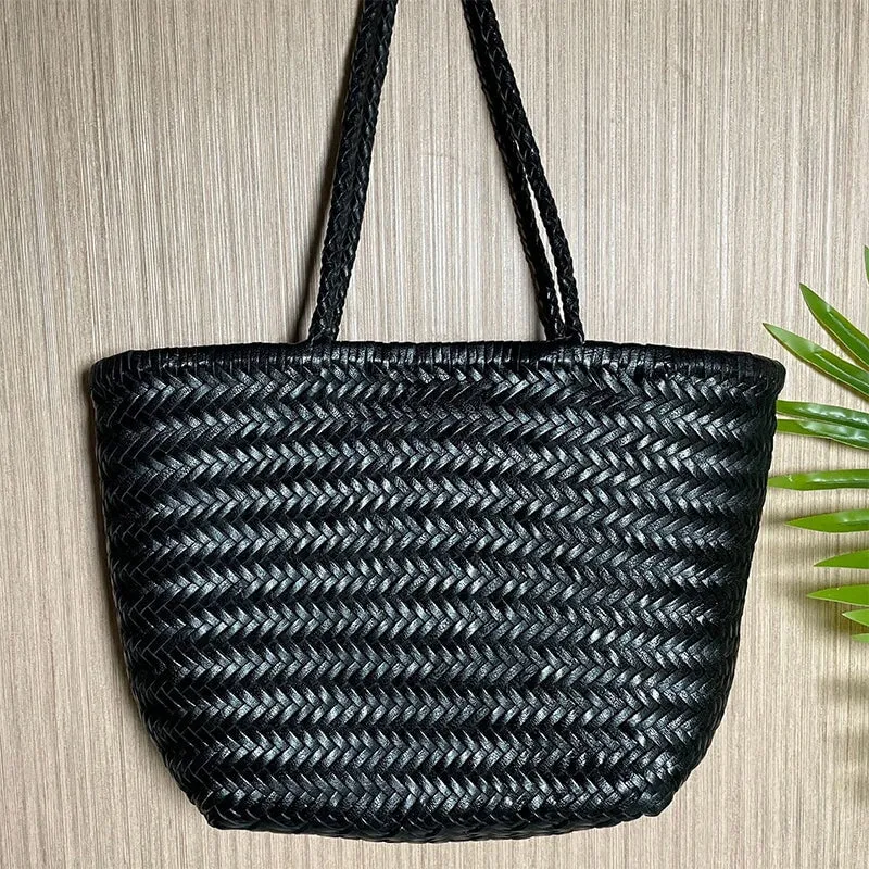 Multicolor Woven Vegetable Basket Bag Head Layer Of Cowhide Hollow Handbag