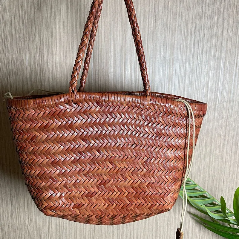 Multicolor Woven Vegetable Basket Bag Head Layer Of Cowhide Hollow Handbag