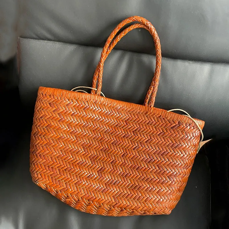 Multicolor Woven Vegetable Basket Bag Head Layer Of Cowhide Hollow Handbag