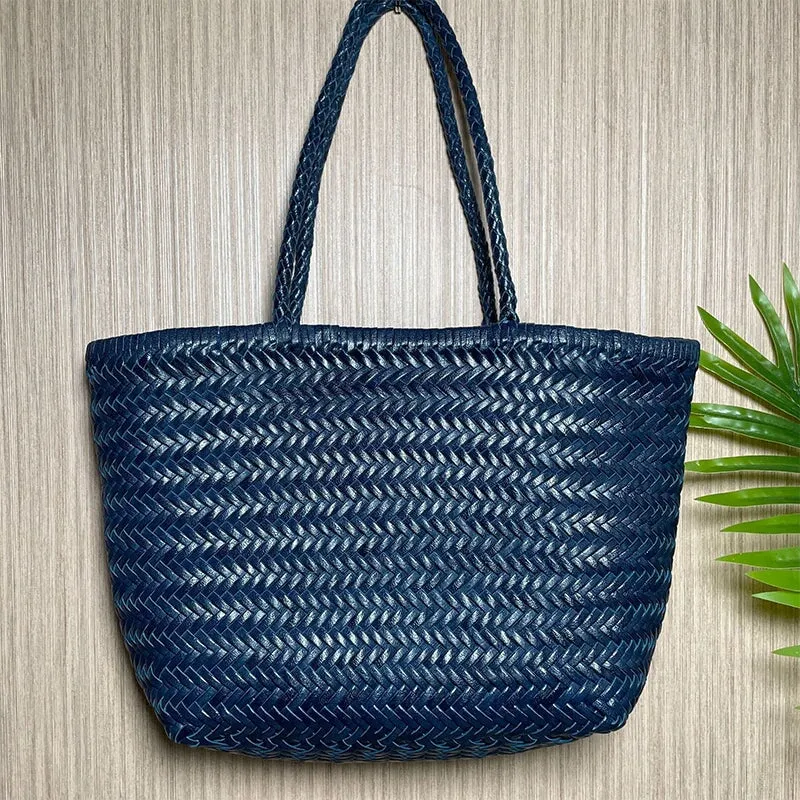 Multicolor Woven Vegetable Basket Bag Head Layer Of Cowhide Hollow Handbag