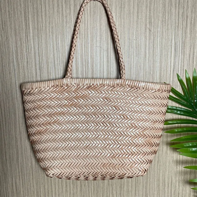 Multicolor Woven Vegetable Basket Bag Head Layer Of Cowhide Hollow Handbag