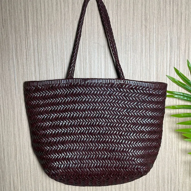 Multicolor Woven Vegetable Basket Bag Head Layer Of Cowhide Hollow Handbag